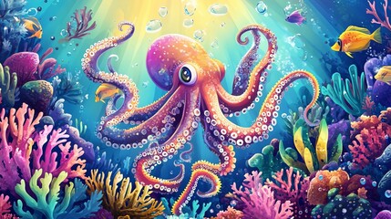 Vibrant underwater scene featuring an octopus with colorful coral reefs and fish
