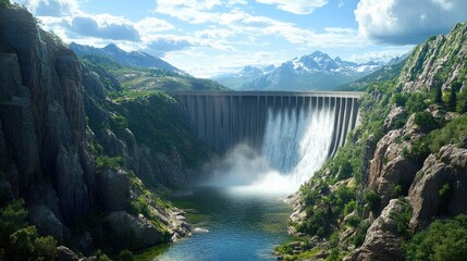 A dam set in a remote, wild landscape, with water spilling over the edges, surrounded by verdant green forests and rugged cliffs