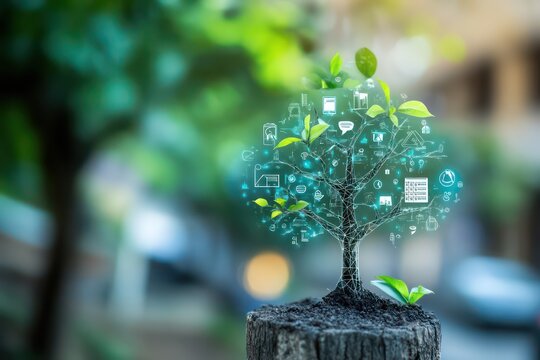 An internship growth concept, where a tree with icons like goals, skills, and mentoring grows from the foundation of opportunity and training.