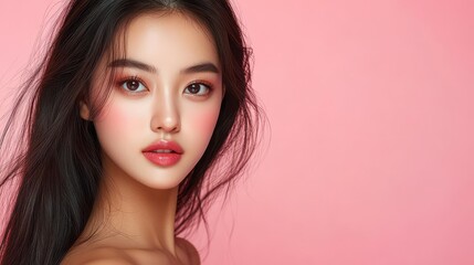 Naklejka premium Beautiful Asian woman with pink makeup, long black hair. Ideal for beauty, cosmetics, fashion, and skincare advertising.