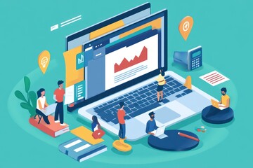 An online learning platform featuring a webinar interface, students attending virtual classes, and icons for courses, assessments, and educational tools.
