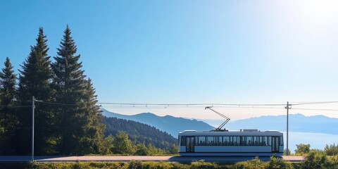 A sleek modern cable car glides gracefully along the mountaintop tracks, with lush greenery surrounding it and a breathtaking mountainous landscape in the backdrop.