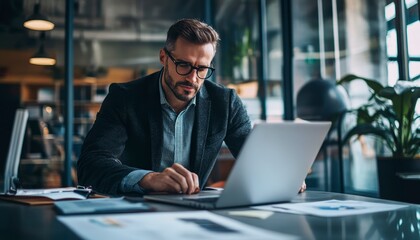 Fototapeta premium Focused Businessman Working on Laptop in Modern Office Environment