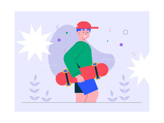 Teenage boy carrying skateboard. Generation Z illustration. Flat vector illustration concept.
