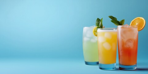 A trio of vibrant, refreshing drinks sits against a cheerful blue background, evoking feelings of summer, fun, and relaxation, perfect for a tropical getaway.