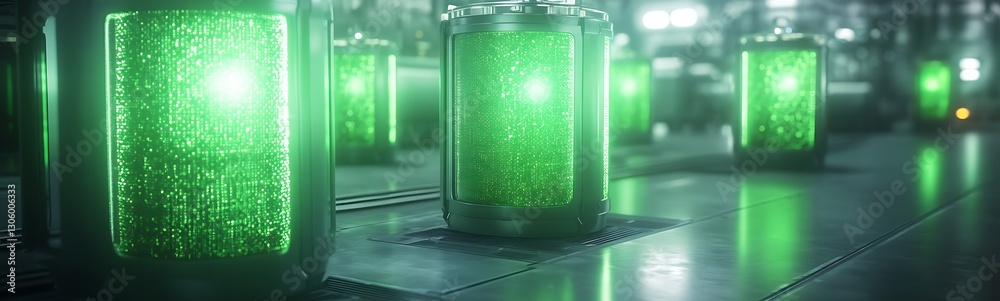 Poster a futuristic image showcasing green hydrogen energy storage technology in a sci-fi context.