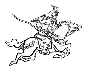 疾走する馬と馬上の侍-線画