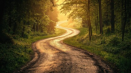 Naklejka premium A winding road leading through a lush green forest with sunlight filtering through the trees.