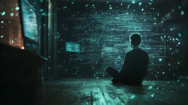 sitting in a dark room, surrounded by floating lines of AI code 