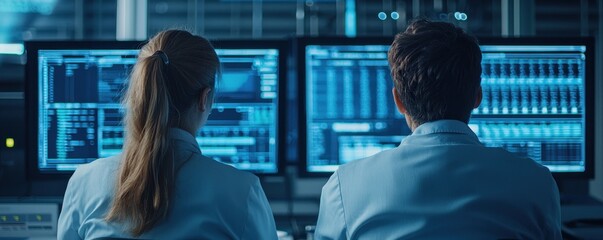 Climate modeling temperature algorithms comcept. Two professionals analyze data on multiple screens, focused on their work in a modern tech environment.