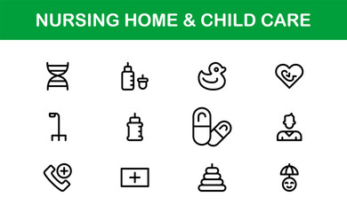 Nursing Home and Child Care Icon Set. Premium Icons for Senior Care, Elderly Assistance, Childcare, and Family Support