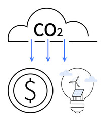 CO2 cloud with arrows, coin with dollar sign, and light bulb featuring wind turbine and solar panel. Ideal for renewable energy, sustainability, climate change, green economy, innovation