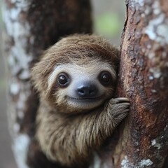 Fototapeta premium Sloth clinging to a tree, smiling friendly.