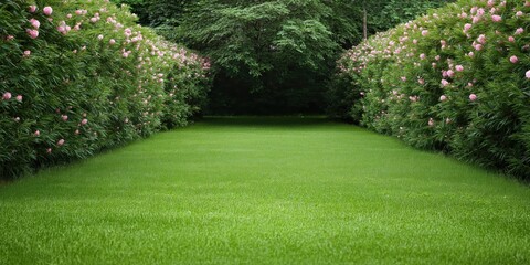 Naklejka premium A tranquil garden pathway lined with lush green grass and flowering shrubs, inviting tranquility and a peaceful connection with nature in a picturesque setting.