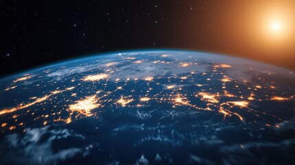 Obraz premium A stunning view of Earth from space, showcasing illuminated cities against a backdrop of dark clouds and a glowing sunrise.