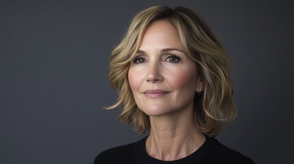 Woman with blonde, wavy bob hairstyle, looking thoughtfully. Ideal for articles on beauty, aging gracefully, or female empowerment.
