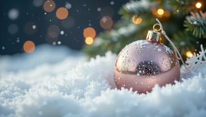 Faux snowball ornament nestled in a bed of white fabric, snowy background, festive atmosphere, frosty decorations