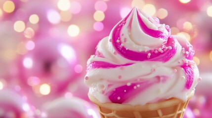Pink swirl ice cream cone, festive bokeh, dessert