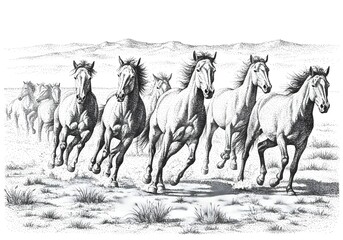 Running Wild Horses Illustration in a Field with Mountain Landscape Art