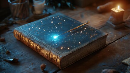 Fantasy book with a glowing wand casting enchantments and constellations
