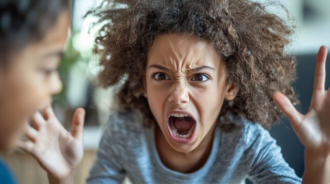 A child with curly hair expresses intense anger, yelling with a fierce expression, conveying strong emotions in a heated moment.