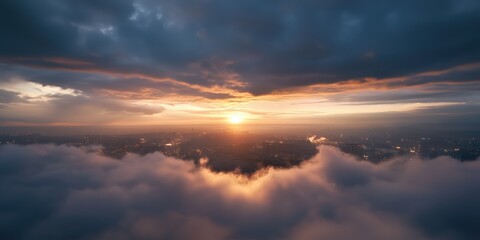 Obraz premium A breathtaking view of a cloudy cityscape at sunset creating a dramatic atmosphere that highlights beauty amidst urban development and nature.