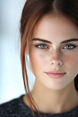 Naklejka premium Close-up Portrait of Young Woman with Freckles and Long Brown Hair Looking Confident and Natural in Soft Light