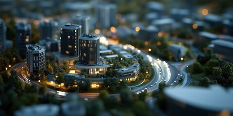 A miniature city model showcases architectural details illuminated at night, highlighting urban design and the allure of city life in a captivating way.