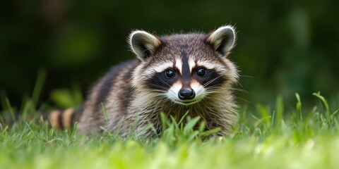 Obraz premium A raccoon peers through lush grass, showcasing its curiosity and playfulness, reminding us of the joy of animals and the beauty of nature in urban settings.