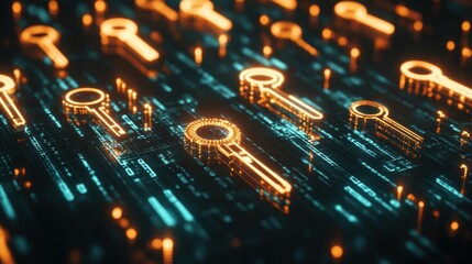 Floating key symbols within a digital matrix, abstract password encryption background.