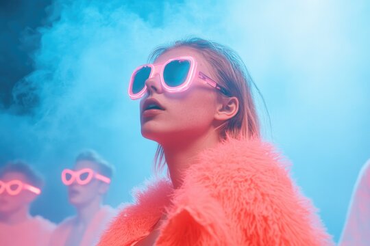 retro-futuristic club scene with young ravers dressed in glowing neon outfits dancing to electronic beats under haze