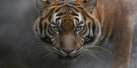 Obraz premium A fierce, majestic tiger gazes intensely through a foggy forest, revealing its powerful presence and the mysterious atmosphere of its natural habitat.