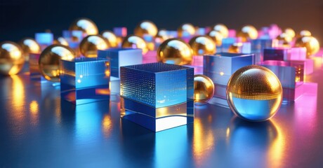Obraz premium Abstract 3d render reflective spheres stacked cubes radiant gold sapphire blue pastel pink casting soft glowing reflections sharp highlights
