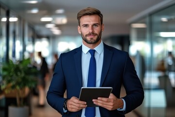 Fototapeta premium Young businessman in blue suit corporate office portrait modern workspace close-up professional attire
