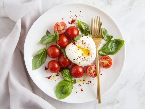 Caprese salad with burrata cheese, cherry tomatoes, and fresh basil drizzled with olive oil on a white plate, selective focus