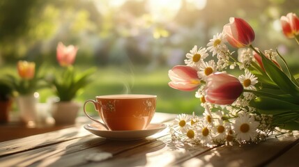 Fototapeta premium Floral spring morning with a cup of tea and a bouquet of tulips and daisies on a sunlit wooden table. Warm and inviting atmosphere.