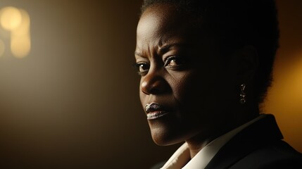 African businesswoman exuding confidence and professionalism in a modern workplace setting.
