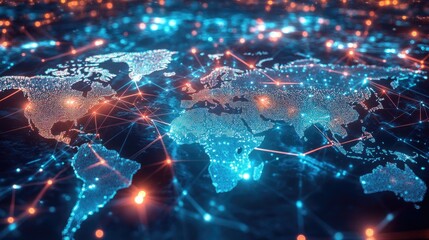 Obraz premium A digital map showing intricate logistics routes illuminated with neon lights, symbolizing the global interconnectedness of trade networks