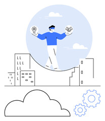 Person wearing virtual reality headset balances lightbulb and handshake above cityscape. Ideal for technology, innovation, teamwork, futurism, creativity, virtual collaboration, urban development