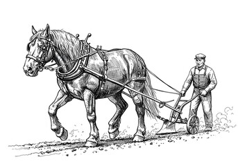Horse Pulling Plow with Farmer in Field Vintage Illustration Artwork