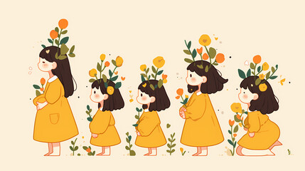 Naklejka premium Illustration of a girl in a yellow dress growing alongside flowers, depicting stages of growth and nature