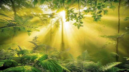 Foggy Forest with Sun Rays and Dew