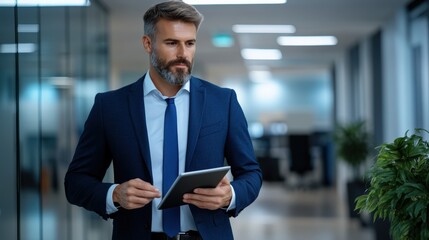 Fototapeta premium Young man in blue suit walking office professional image modern environment close-up midjourney concept