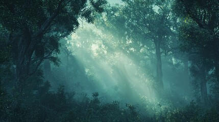 Mystical Morning in Dense Foggy Forest