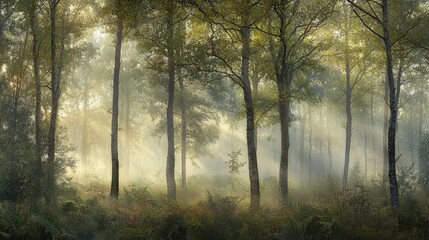 Obraz premium Mystical Morning in Dense Foggy Forest