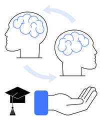 Two human heads with arrows indicating knowledge transfer, connected to a graduation cap and an open hand. Ideal for education, mentorship, support, collaboration, training, growth charity. Flat