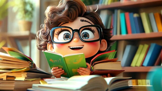 Adorable Cartoon Girl Surrounded by Books in a Library