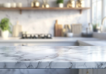 Marble table top with a blurred white kitchen interior background for product display montage