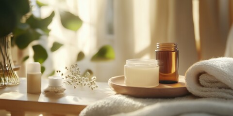 Aesthetic arrangement of natural skincare products showcased on a soft surface, promoting a sense of wellness and self-care in a bright and tranquil setting.