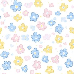 Repetitive colorful flower pattern for Spring theme fabric design.